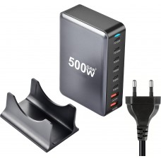 Schnellladegerät 500W 8 USB PD Quick Charge 3.0 USB-C mit Kabel CH/EU Stecker LED-Anzeige - Grau