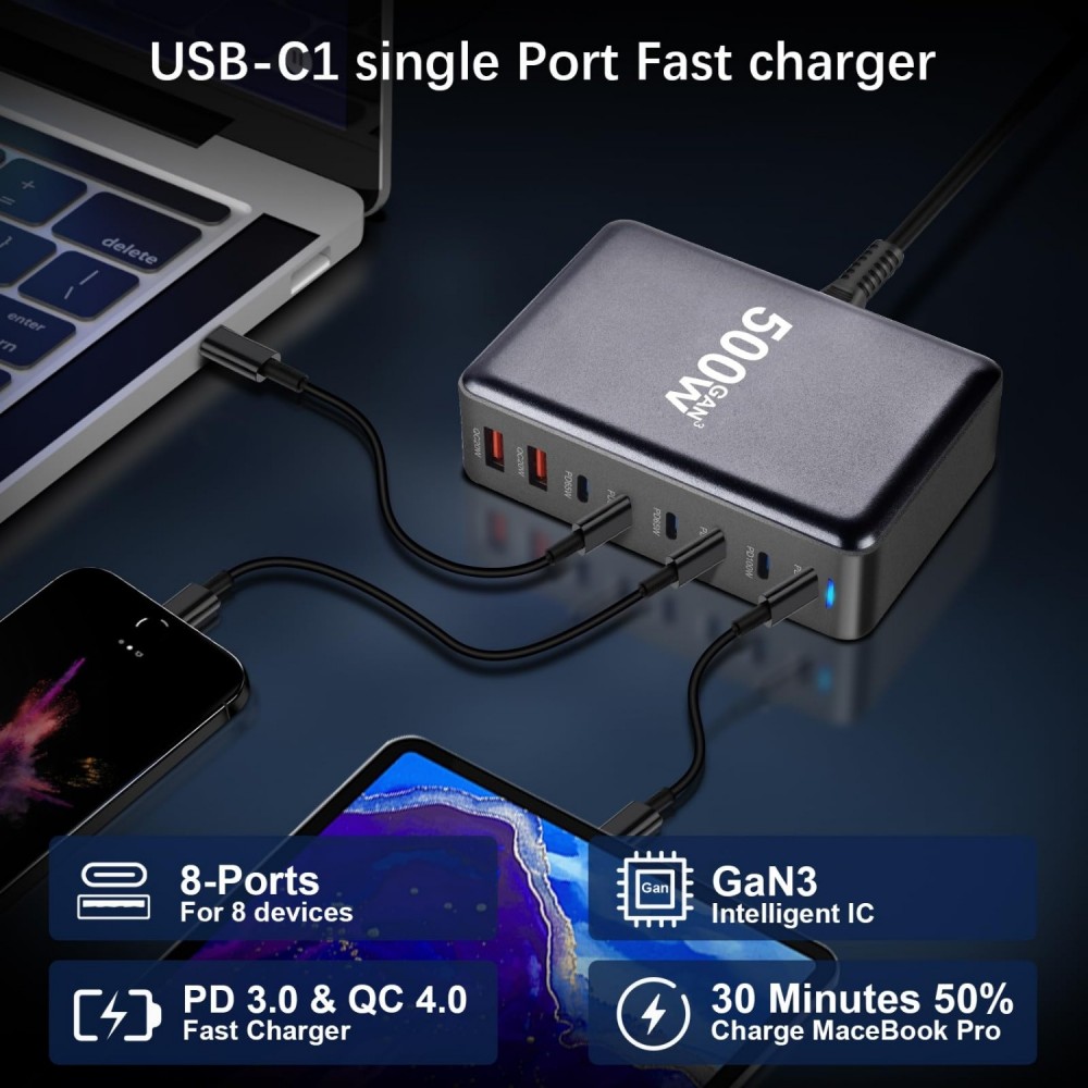 Schnellladegerät 500W 8 USB PD Quick Charge 3.0 USB-C mit Kabel CH/EU Stecker LED-Anzeige - Grau