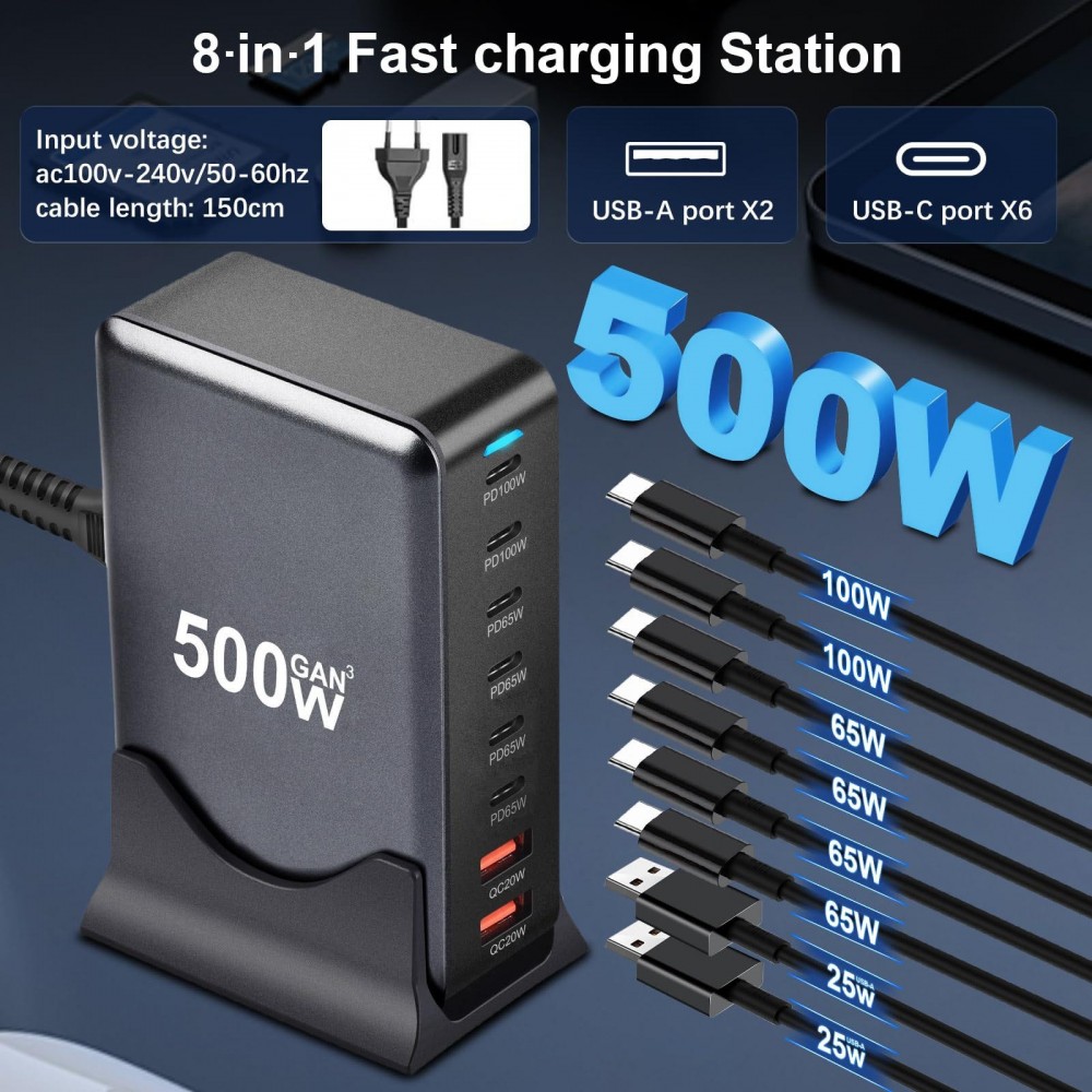 Schnellladegerät 500W 8 USB PD Quick Charge 3.0 USB-C mit Kabel CH/EU Stecker LED-Anzeige - Grau