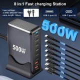 Schnellladegerät 500W 8 USB PD Quick Charge 3.0 USB-C mit Kabel CH/EU Stecker LED-Anzeige - Grau