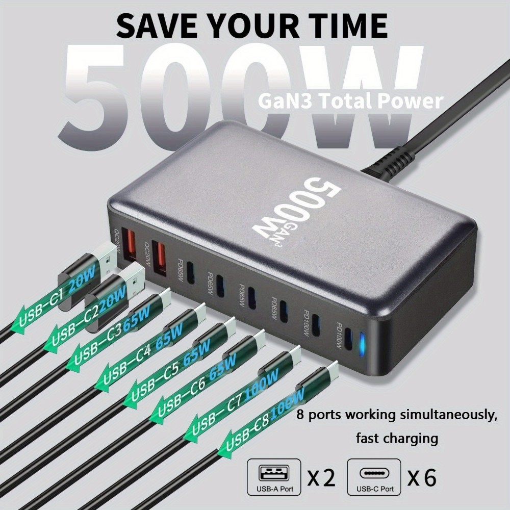 Schnellladegerät 500W 8 Ports USB PD Quick Charge 3.0 USB-C mit Kabel CH/EU Stecker LED-Anzeige - Grau