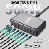 Schnellladegerät 500W 8 Ports USB PD Quick Charge 3.0 USB-C mit Kabel CH/EU Stecker LED-Anzeige - Grau