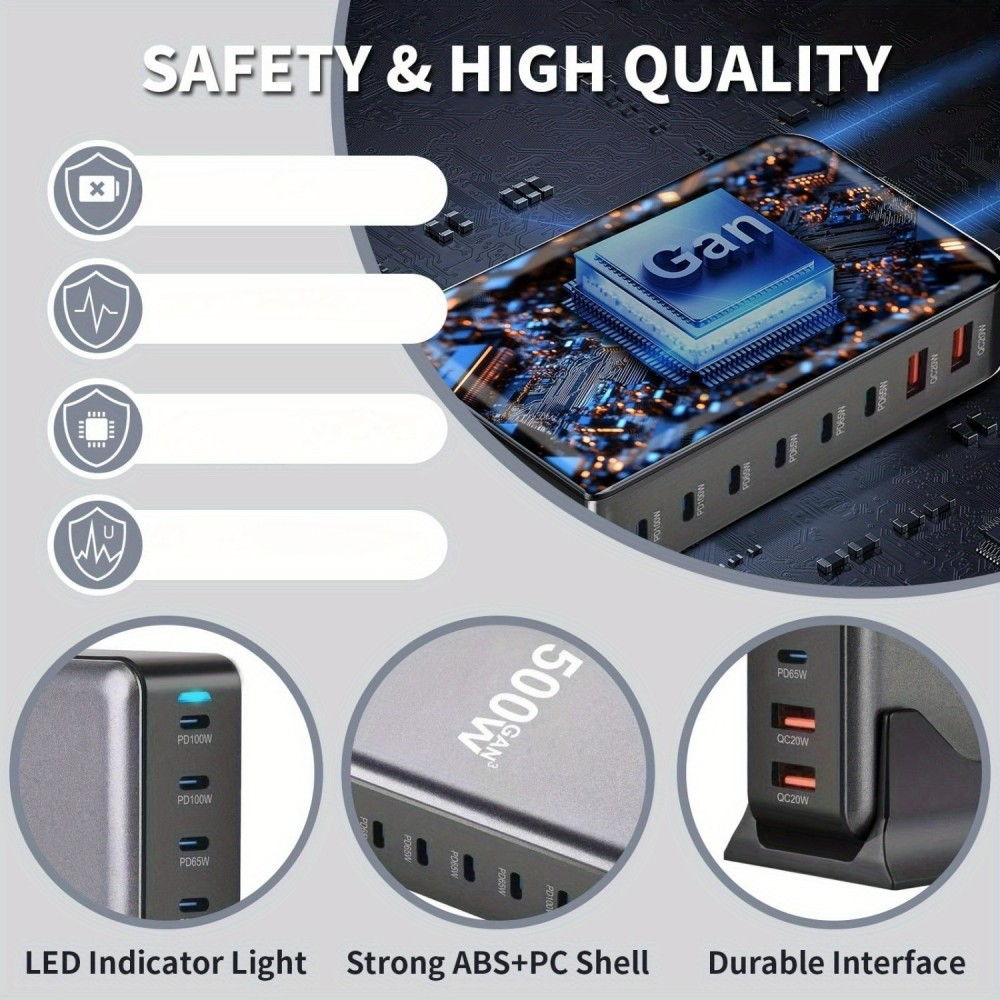 Schnellladegerät 500W 8 Ports USB PD Quick Charge 3.0 USB-C mit Kabel CH/EU Stecker LED-Anzeige - Grau