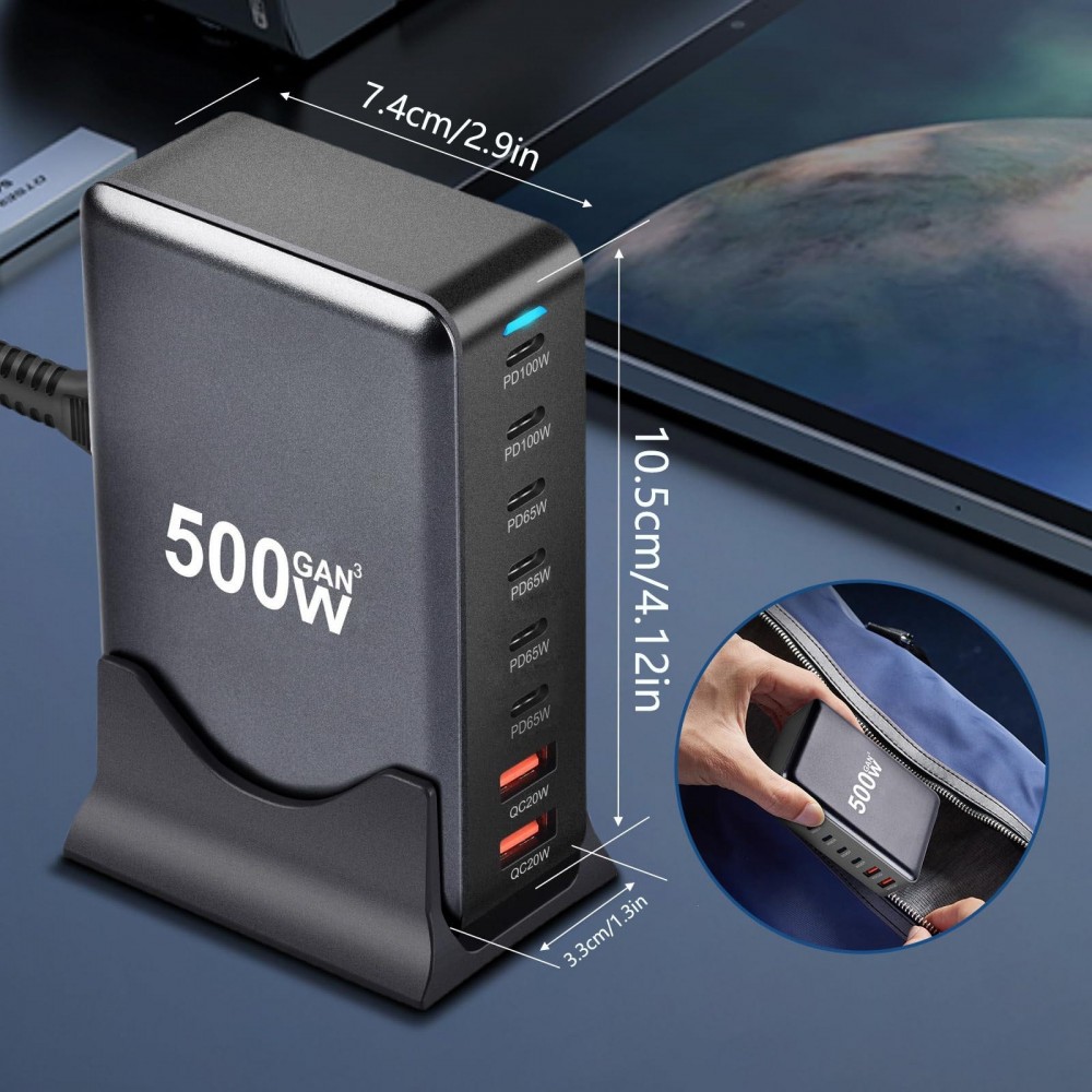Schnellladegerät 500W 8 Ports USB PD Quick Charge 3.0 USB-C mit Kabel CH/EU Stecker LED-Anzeige - Grau