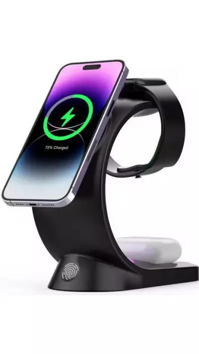 Ladestation wireless MagSafe 15W 3in1 (iPhone, AirPods, Apple Watch) mit RGB LED Licht - Schwarz