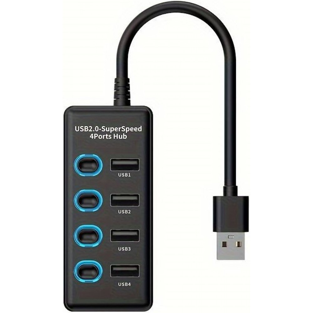 4-in-1 USB 2.0-Hub-Multiport-Station mit individuellem Ein- und Ausschalter und USB-C-Anschluss - Schwarz