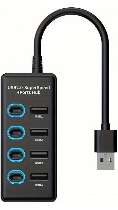 4-in-1 USB 2.0-Hub-Multiport-Station mit individuellem Ein- und Ausschalter und USB-C-Anschluss - Schwarz