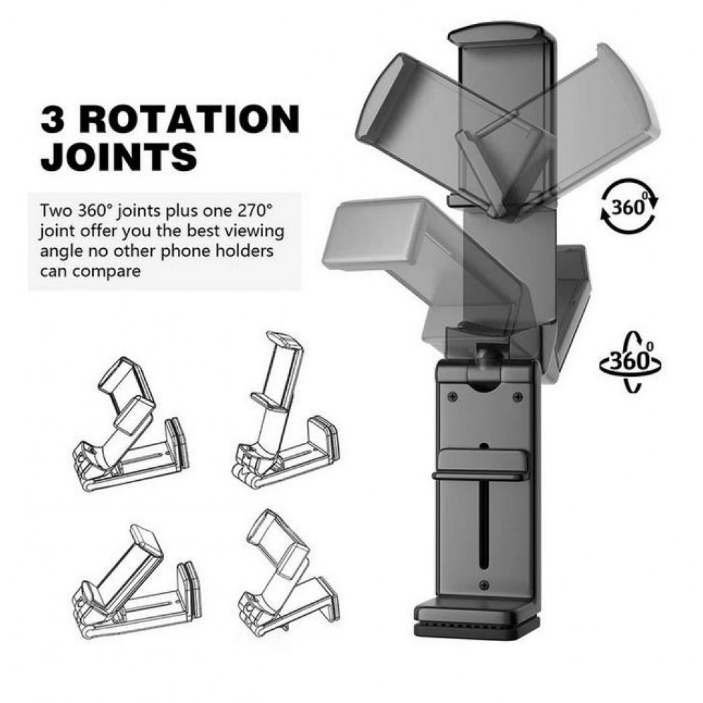 Support multifonctionnel pour smartphone, rotatif à 360 degrés, pour les voyages et l'avion - Noir