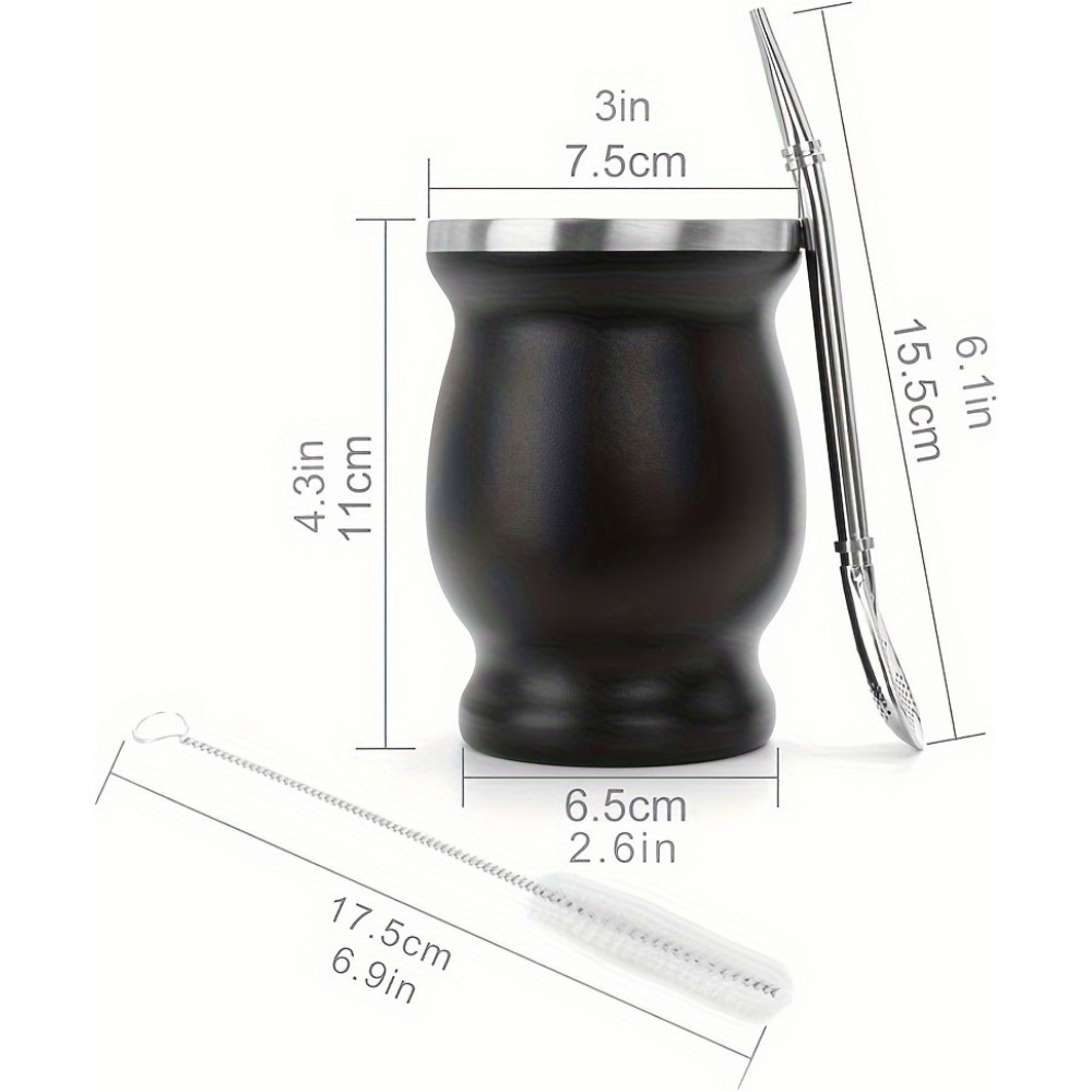 Yerba Mate Becher und Bombilla Set Edelstahl Vakuum (250 ml) mit Bürste - Schwarz