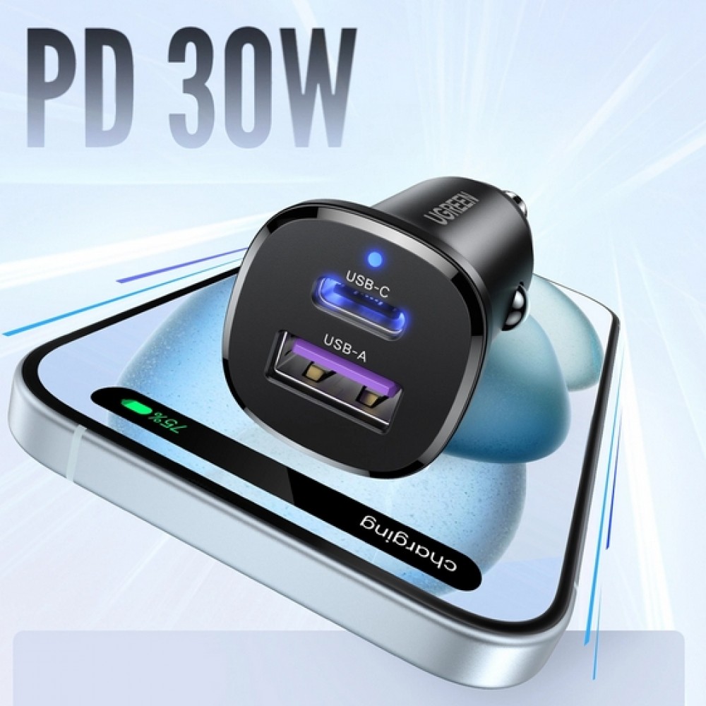 Ugreen 30W Doppelanschluss Ladestecker für Zigarettenanzünder USB-A & USB-C Power Delivery QC3.0 - Schwarz