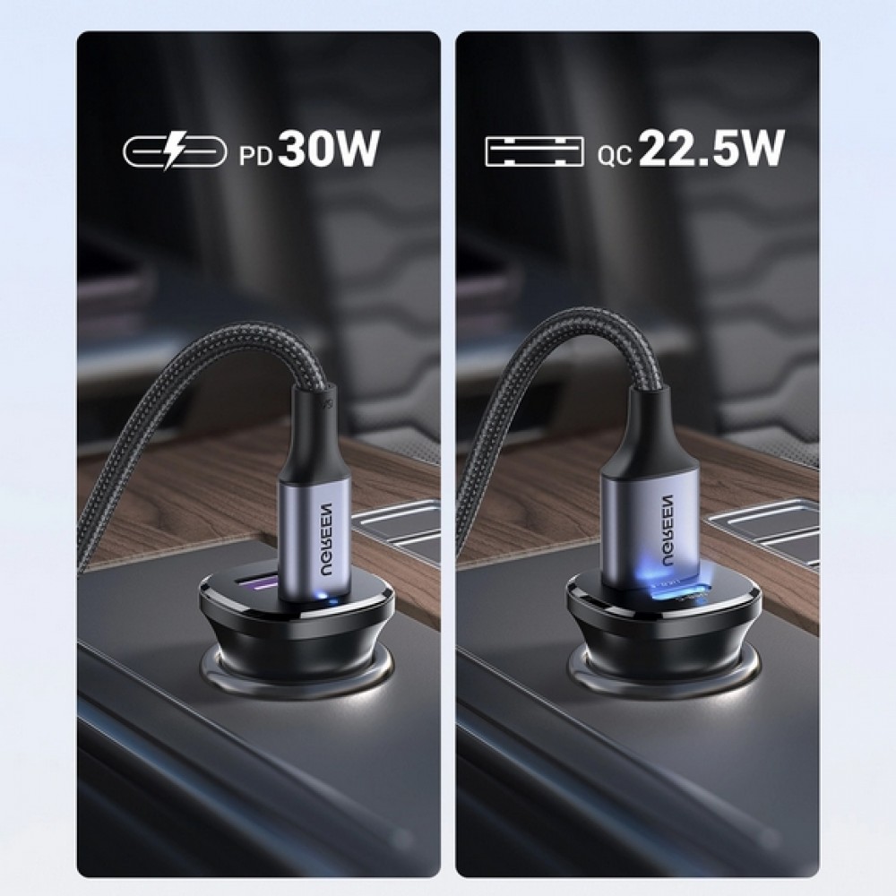 Ugreen 30W Doppelanschluss Ladestecker für Zigarettenanzünder USB-A & USB-C Power Delivery QC3.0 - Schwarz