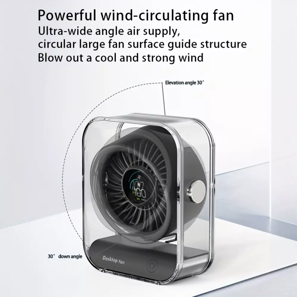 Transparenter tragbarer Design-Tischventilator mit LED-Display (3 Geschwindigkeiten) - Schwarz