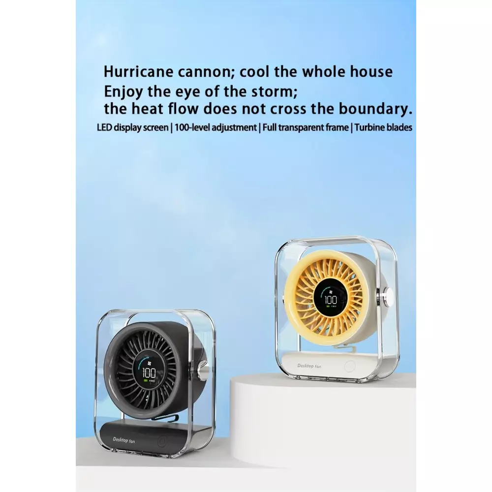 Transparenter tragbarer Design-Tischventilator mit LED-Display (3 Geschwindigkeiten) - Schwarz