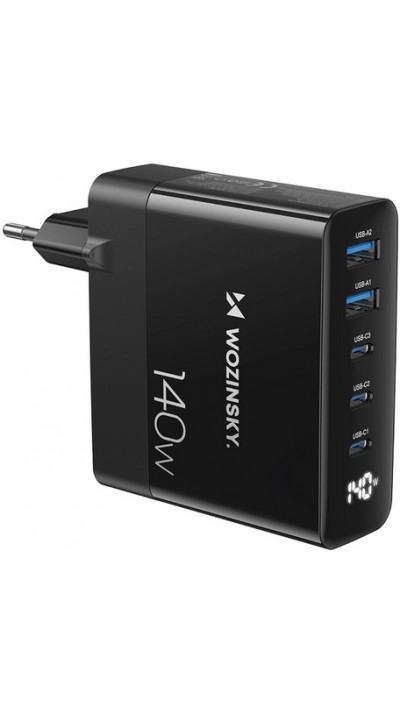 WOZINSKY Multi-adaptateur 140W Fast Charger GaN 5 in 1 Powerbooster 3x USB-C + 2x USB-A  - Noir