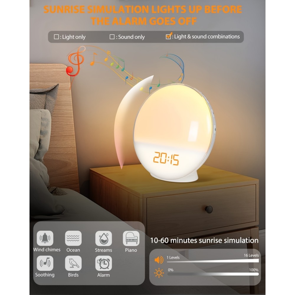 Wake-up Light Digitaler Wecker mit LED Licht, Sonnenaufgangsimulator, natürliche Lichtweckfunktion