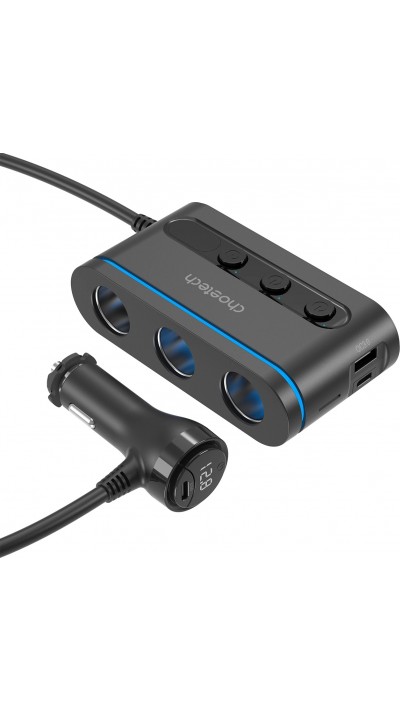 Choetech TC0021 PD30W Zigarettenanzünder Adapter 3 Anschlüsse mit LED 2x USB-C PD 1x USB-A QC - Schwarz