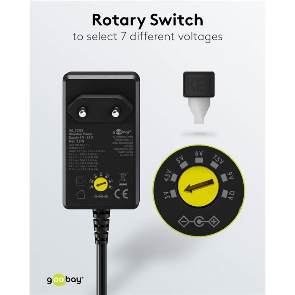 Goobay Universal-Netzteil 3V&ndash;12V max. 3,6W Regelbares Netzteil mit 12 Adaptern - Schwarz
