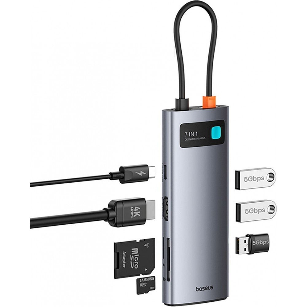 Baseus 7-in-1 Metall Glanz Hub HDMI 4K 60Hz USB-C mit 3x USB 3.0 / USB-C PD / SD / microSD - Grau