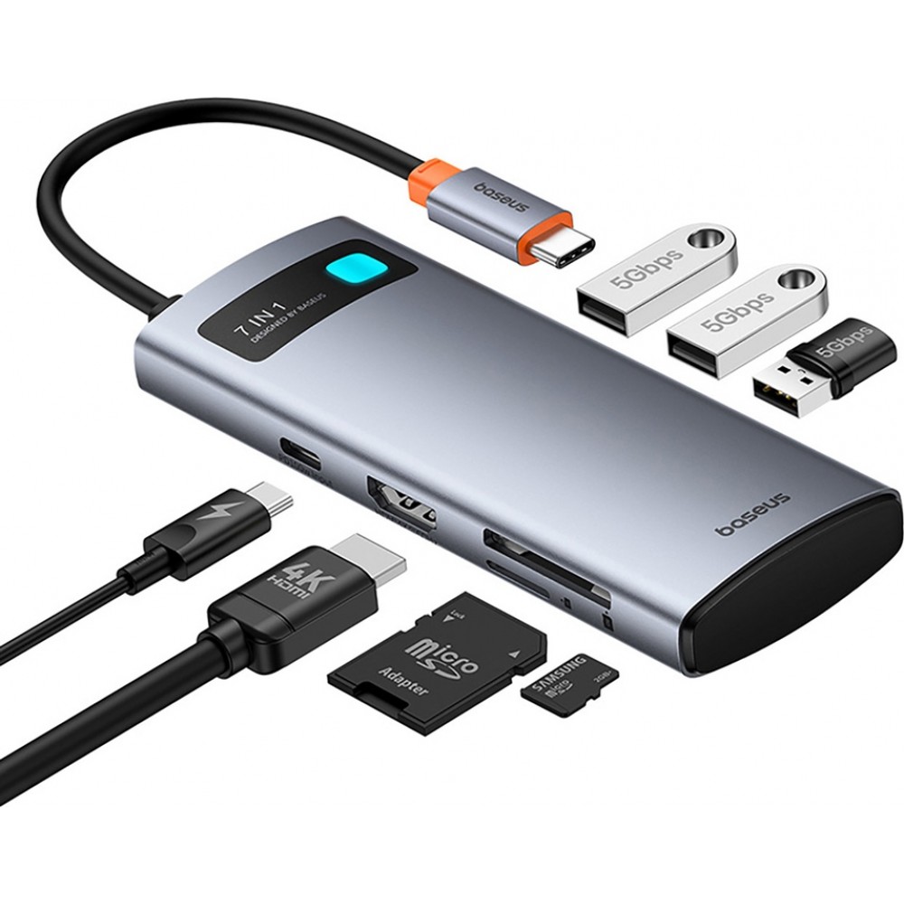 Baseus 7-in-1 Metall Glanz Hub HDMI 4K 60Hz USB-C mit 3x USB 3.0 / USB-C PD / SD / microSD - Grau