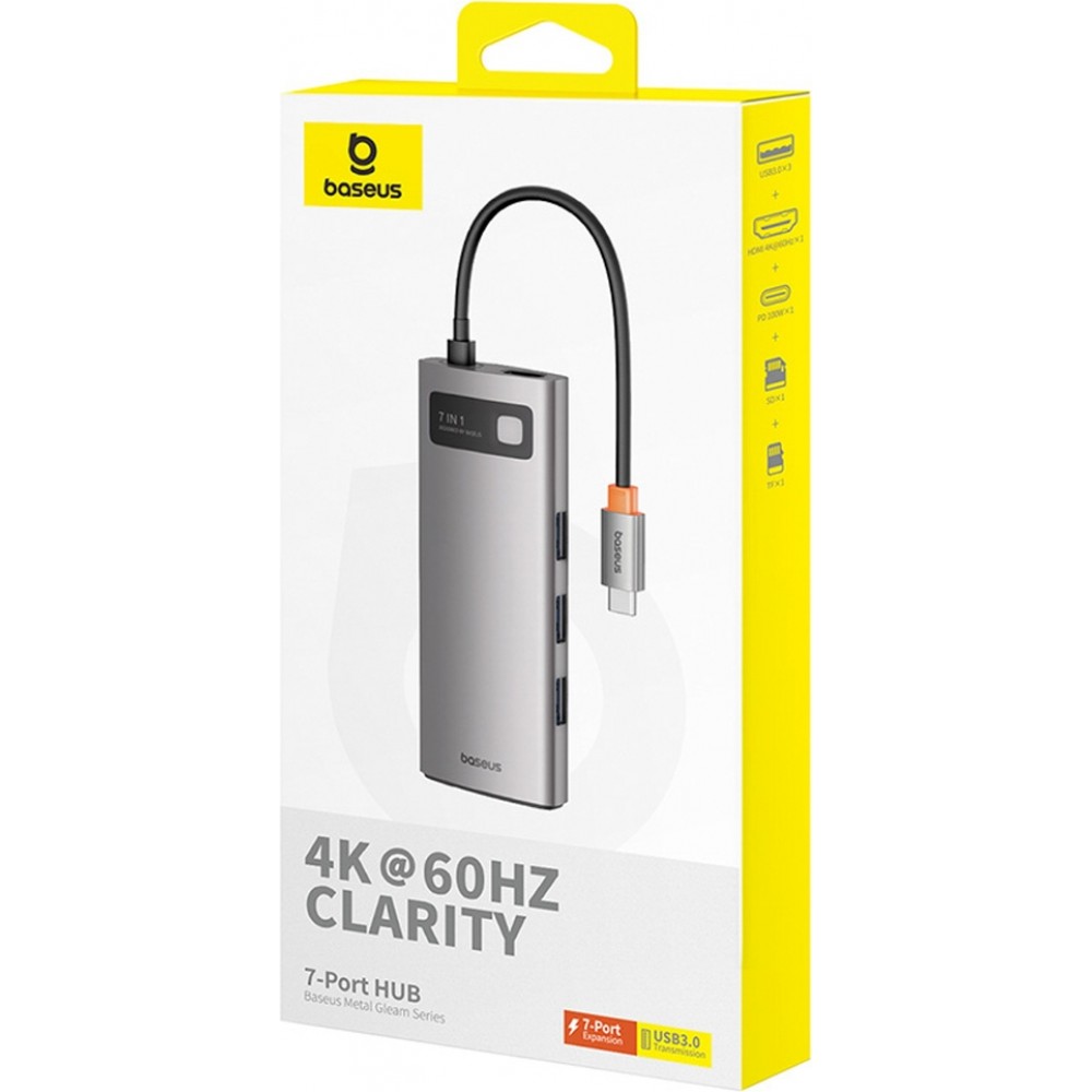 Baseus 7-in-1 Metall Glanz Hub HDMI 4K 60Hz USB-C mit 3x USB 3.0 / USB-C PD / SD / microSD - Grau