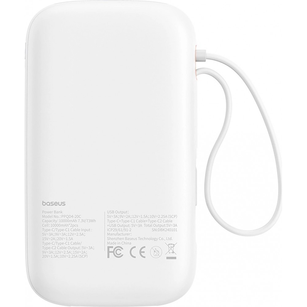 Baseus QPow 2 20000mAh 30W Powerbank mit 2 integrierten USB-C Kabeln - Weiss