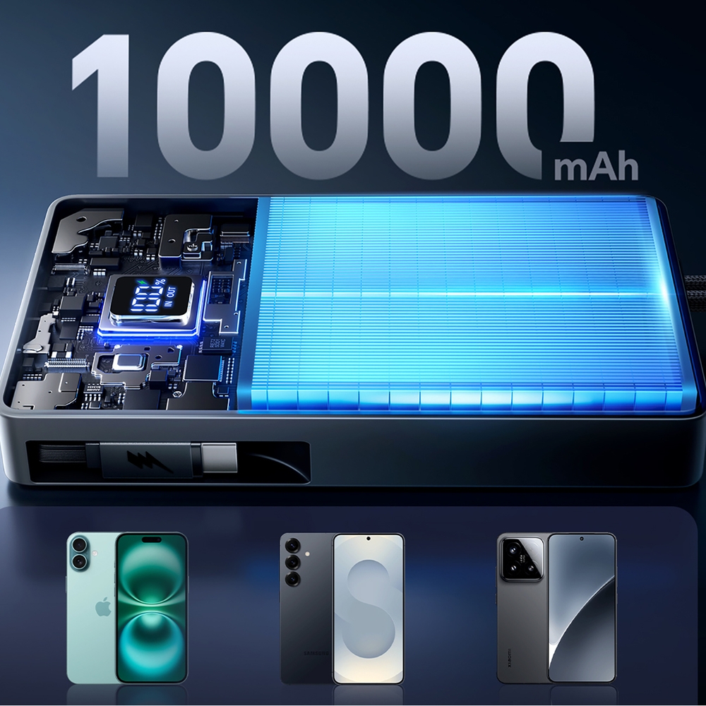 Joyroom JR-PR1 10000mAh Powerbank mit integriertem USB-C Kabel - 22.5W externe Batterie - Schwarz