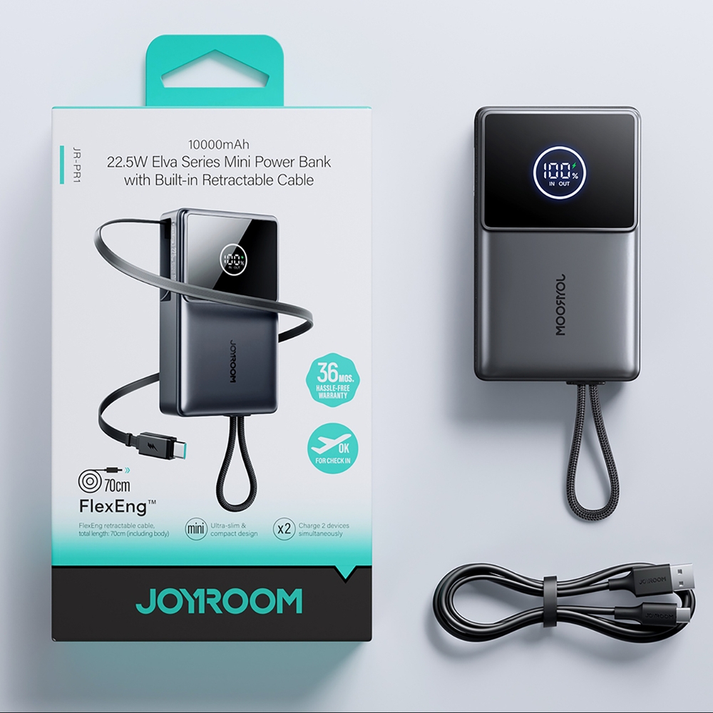 Joyroom JR-PR1 10000mAh Powerbank mit integriertem USB-C Kabel - 22.5W externe Batterie - Schwarz