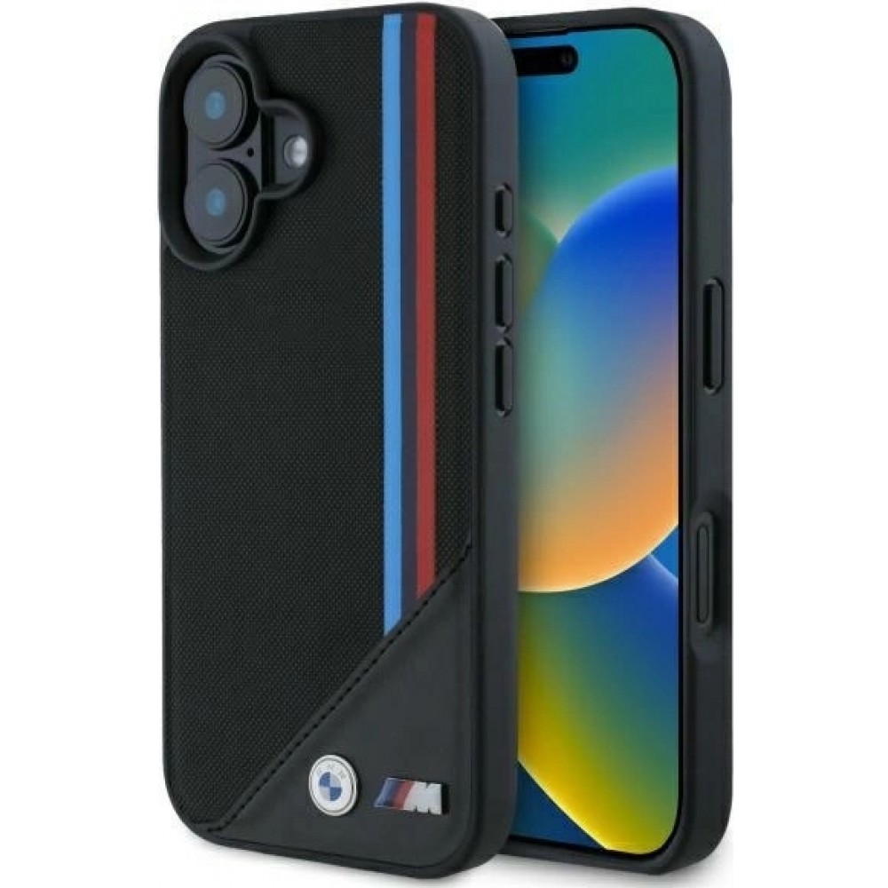 Coque iPhone 16 - BMW M Tricolore Stripes cuir MagSafe - Noir