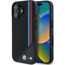 Coque iPhone 16 - BMW M Tricolore Stripes cuir MagSafe - Noir