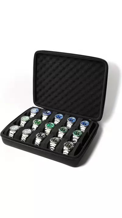 Uhrenaufbewahrungsbox 15 Plätze mit stoßdämpfendem Schaumstoffkissen für Reisen - Schwarz