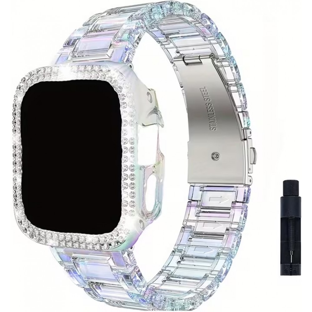 Transparentes glitzerndes Armband mit Strass-Steinen - Weiss - Apple Watch 10 (46 mm)
