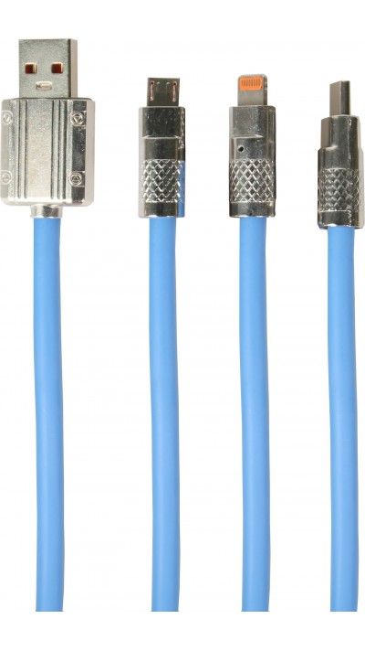 Câble 3 en 1 USB-A bleu Lightning / USB-C / Micro USB (1 m) en silicone résistant et léger - Bleu