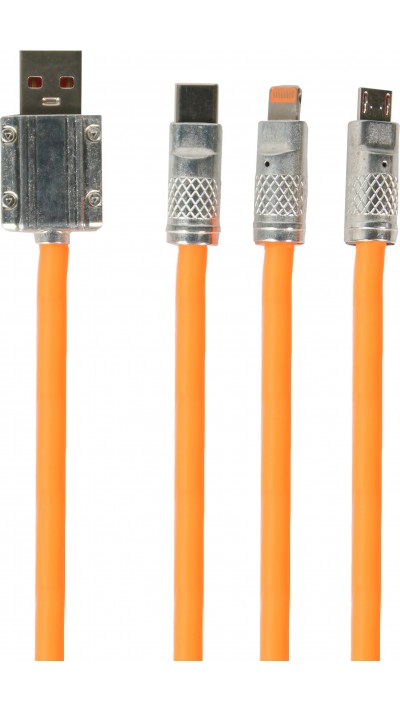 Câble 3 en 1 USB-A orange Lightning / USB-C / Micro USB (1 m) en silicone résistant et léger - Orange