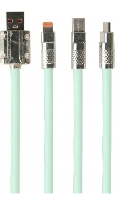 Câble 3 en 1 USB-A vert Lightning / USB-C / Micro USB (1 m) en silicone résistant et léger - Vert menthe