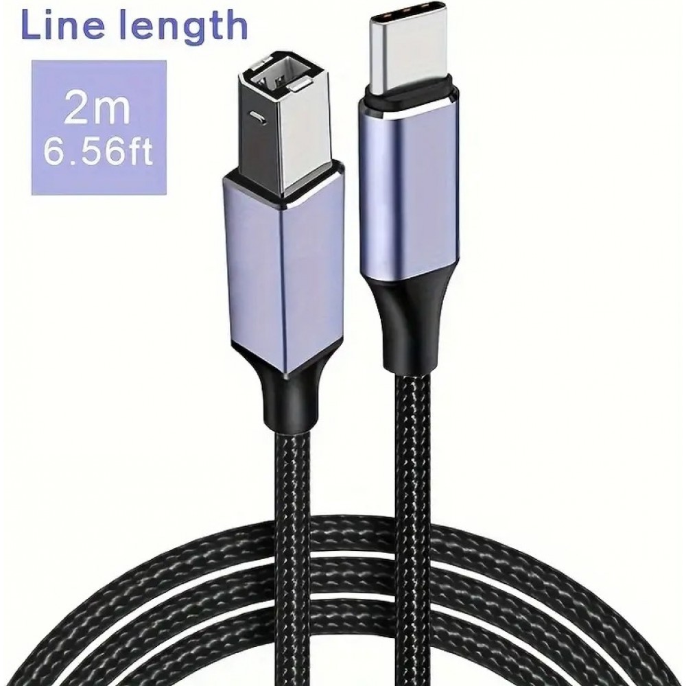 Câble adaptateur USB-B vers USB-C compatible avec différents appareils flexible léger et en nylon (2 m) - Noir