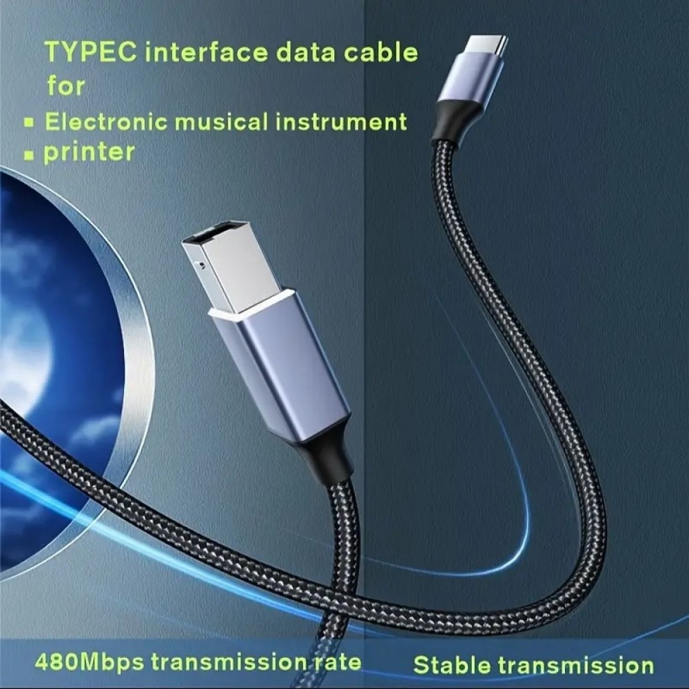 Câble adaptateur USB-B vers USB-C compatible avec différents appareils flexible léger et en nylon (2 m) - Noir
