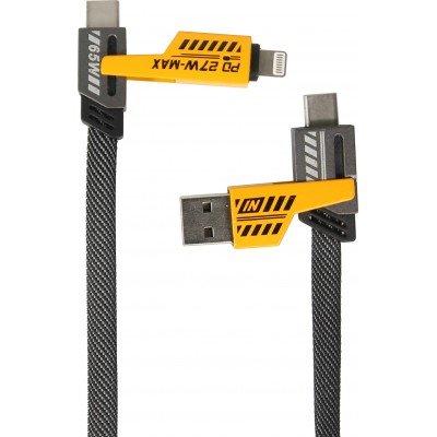 Multifunktionskabel USB-A / USB-C zu Lightning / USB-C PD 27W, ultra robust mit Textilverstärkung - Schwarz/Orange