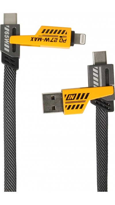 Câble convertible USB-A / USB-C vers Lightning / USB-C multifonction PD 27W, renfort textile et ultra résistant - Noir/orange