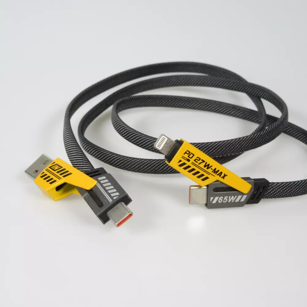 Multifunktionskabel USB-A / USB-C zu Lightning / USB-C PD 27W, ultra robust mit Textilverstärkung - Schwarz/Orange