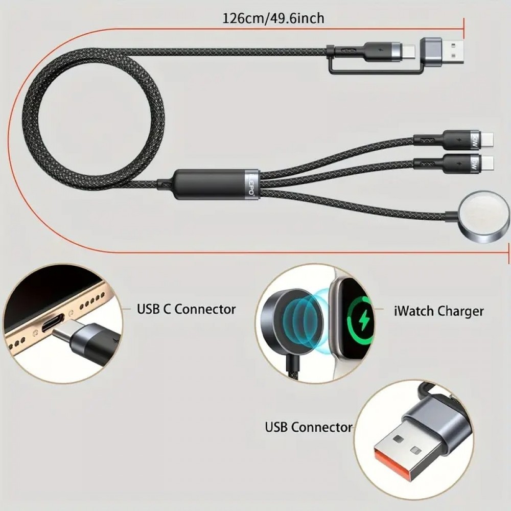 Ultra-schnelles 5-in-1 Multifunktions-Ladekabel 75W für iPhone, Apple Watch, AirPods und verschiedene USB-C-Geräte - Schwarz