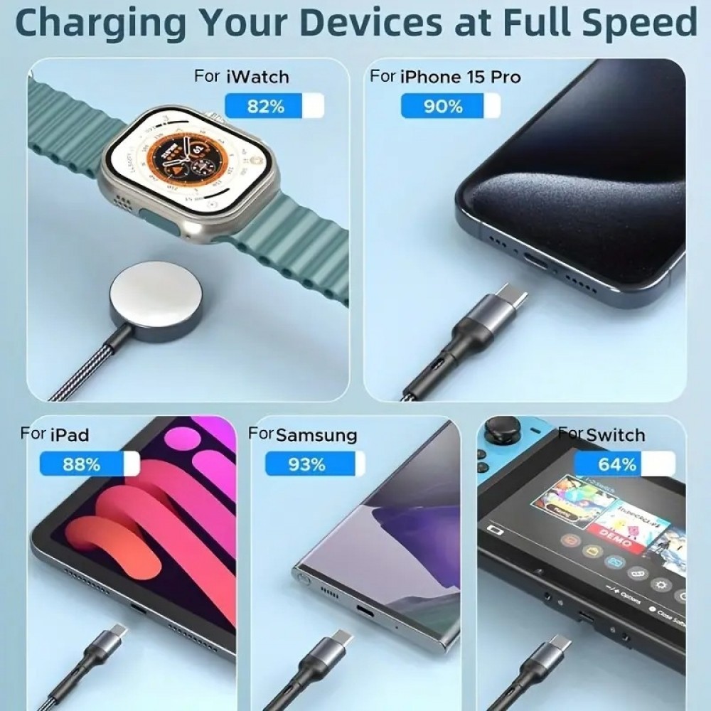 Ultra-schnelles 5-in-1 Multifunktions-Ladekabel 75W für iPhone, Apple Watch, AirPods und verschiedene USB-C-Geräte - Schwarz