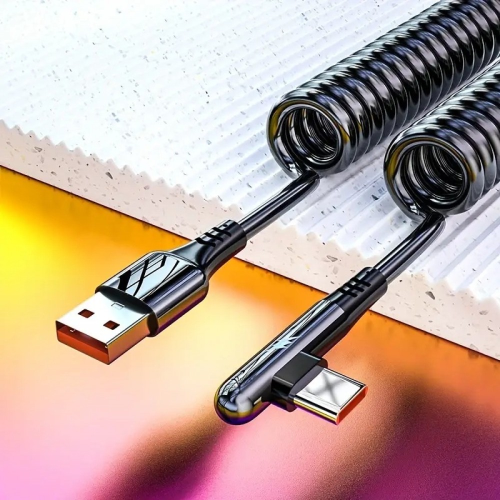 120W USB-A zu USB-C Schnellladekabel mit LED-Licht und Federmechanismus - Schwarz