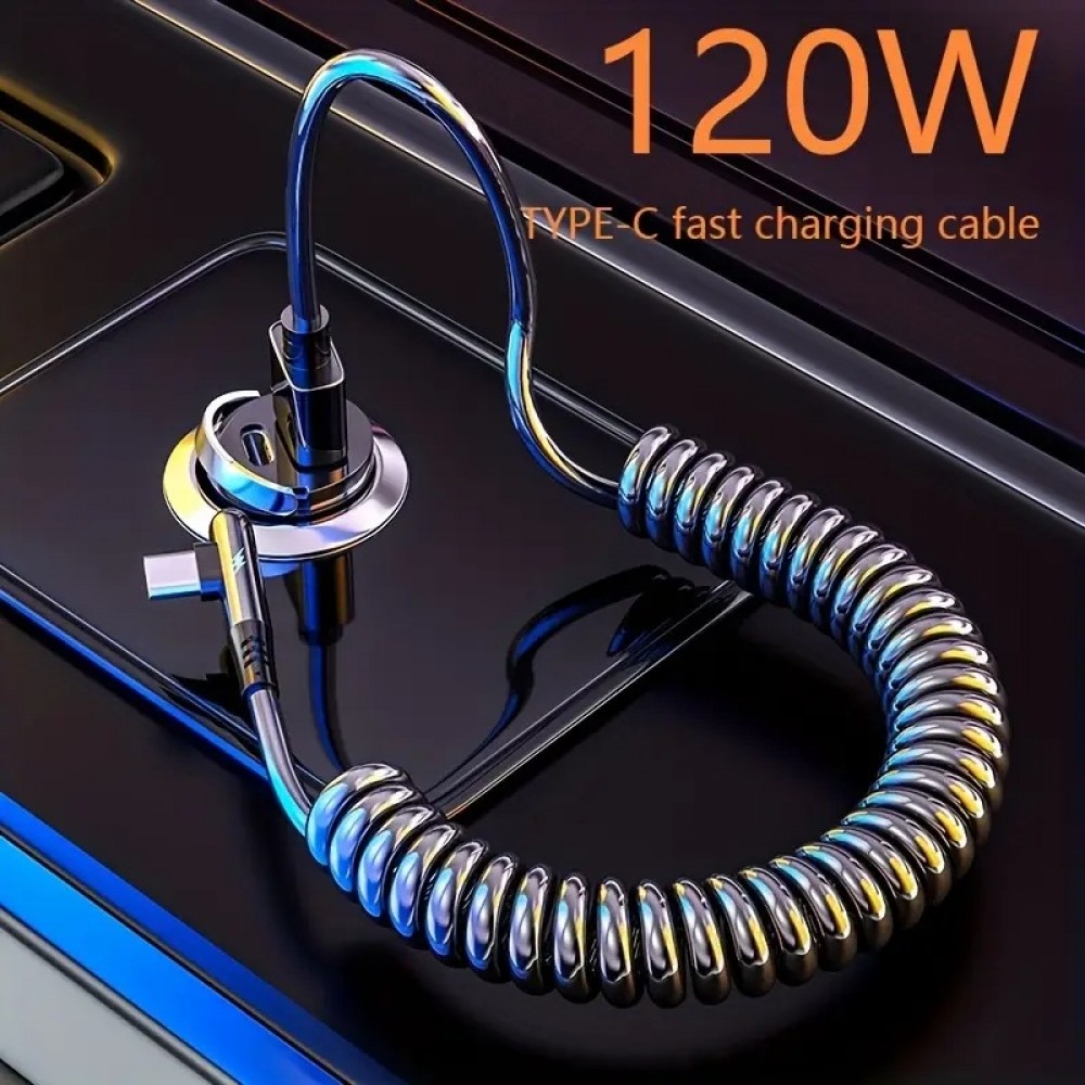 120W USB-A zu USB-C Schnellladekabel mit LED-Licht und Federmechanismus - Schwarz