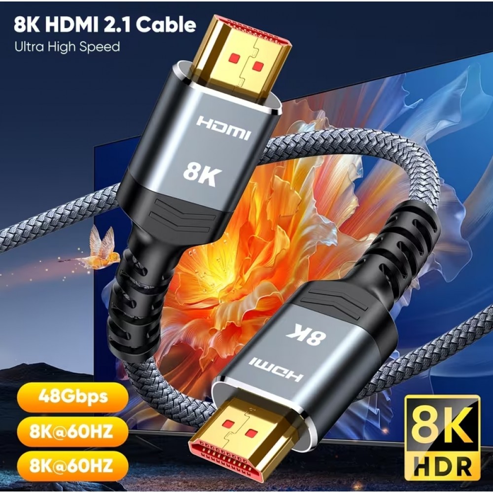HDMI 2.1 Ultra High Speed Kabel 48Gbps 8K/60Hz 4K/120Hz HDMI Stecker/Stecker geflochten (30cm) - Silber