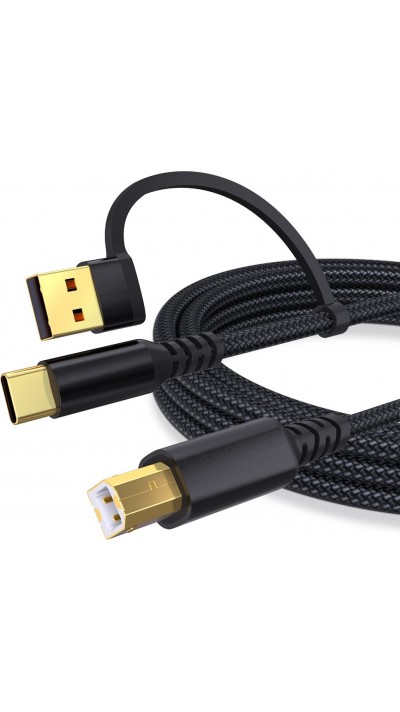 USB-B auf USB-A & USB-C Nylon Kabel Schnellladekabel für Drucker & Geräte (1m) - Schwarz