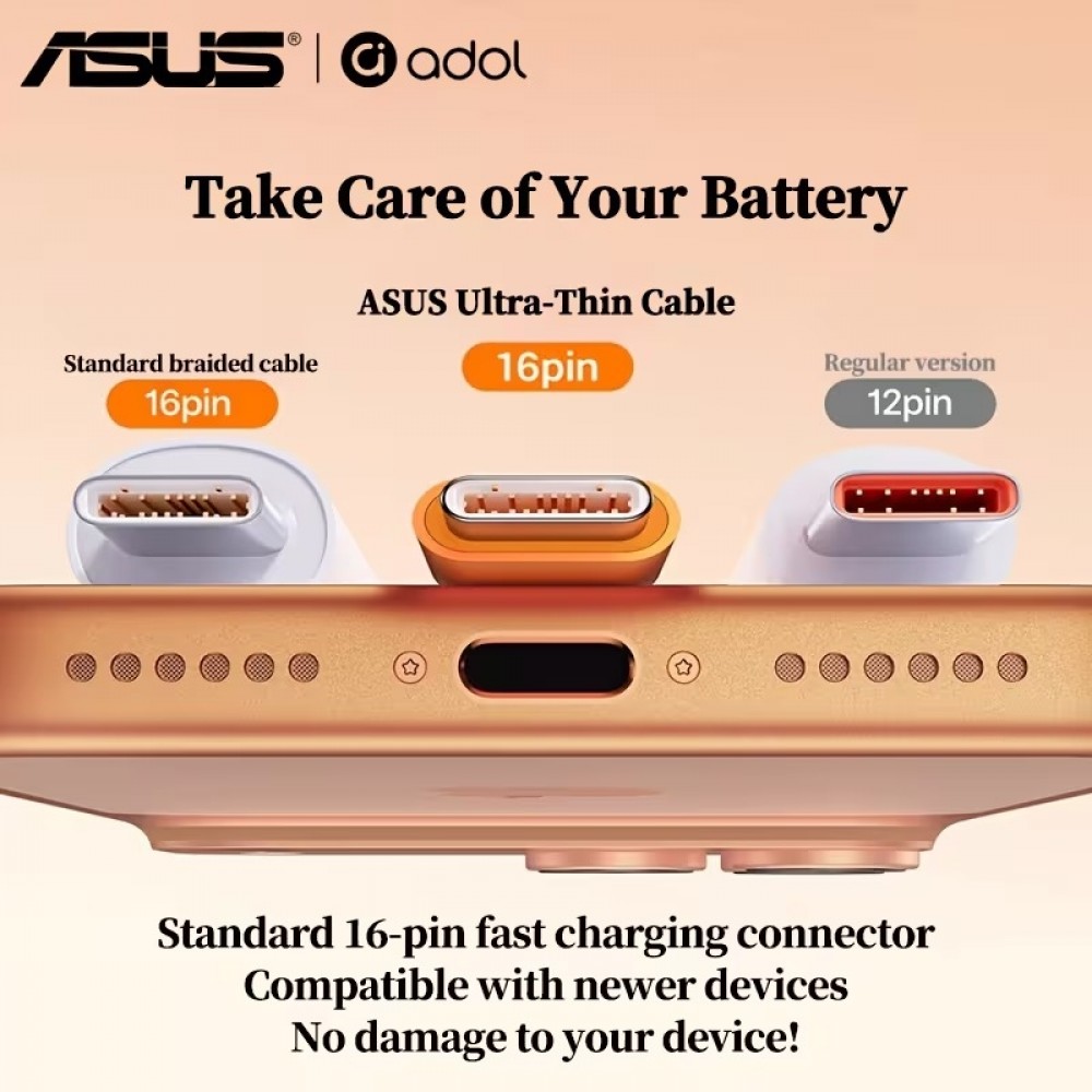 ASUS Adol USB-C Kabel 60W ultra-d&uuml;nn, geflochten 3A Schnellladung und Daten&uuml;bertragung (1m) - Orange