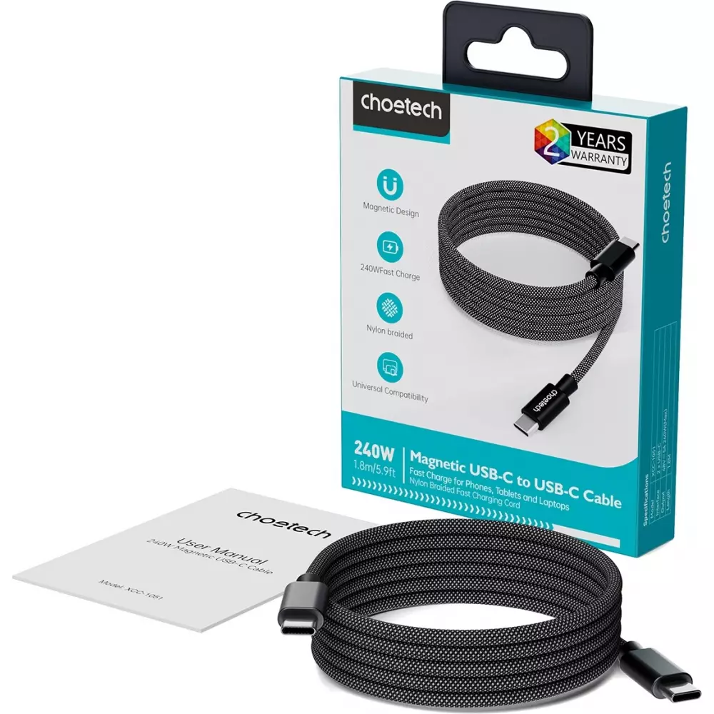 Câble USB-C vers USB-C magnétique (1.2 m) 240W avec Power Delivery 3.1 Choetech XCC-1054 - Noir