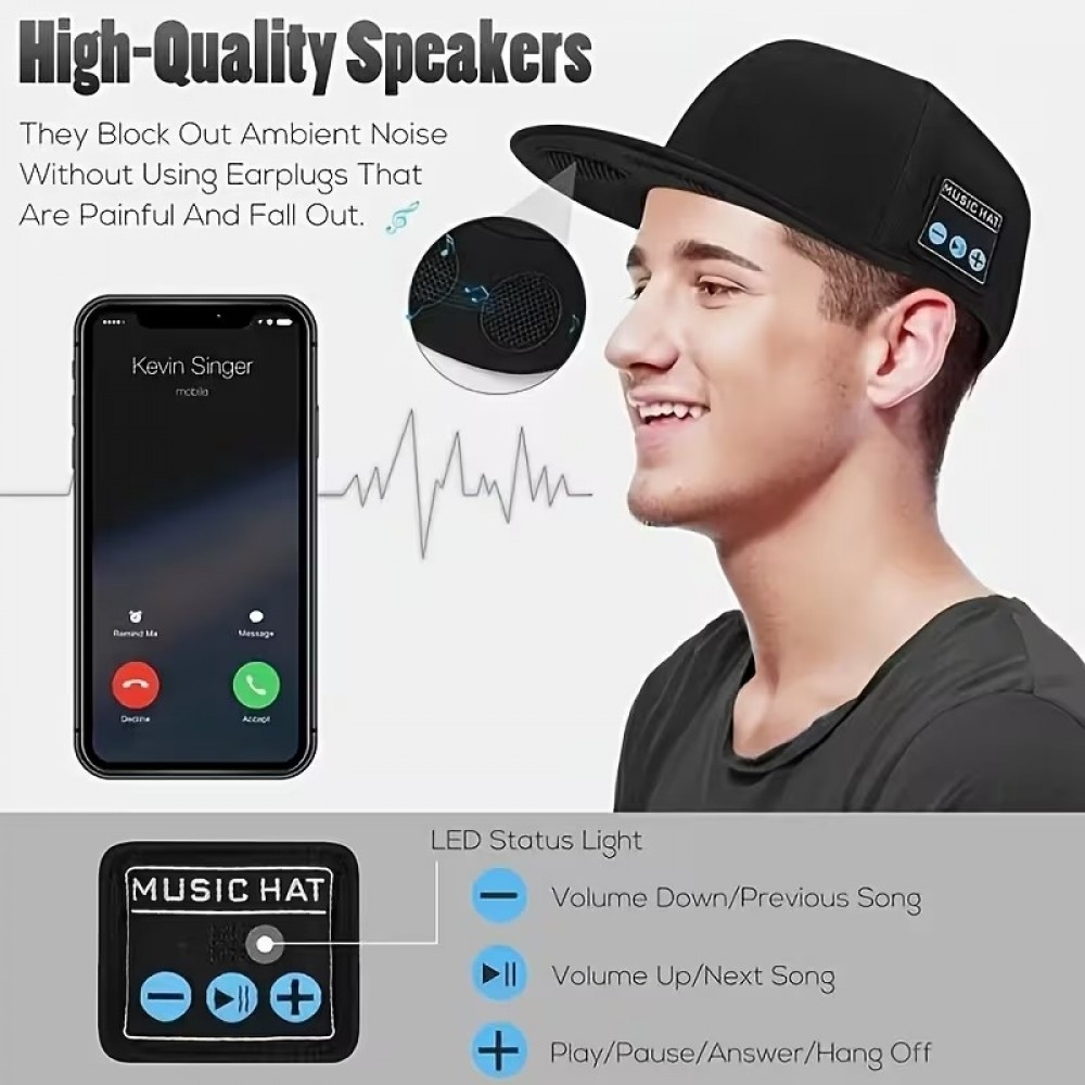 Bluetooth Cap mit integrierten Lautsprechern für Musik und Anrufe Unisex verstellbar - Schwarz