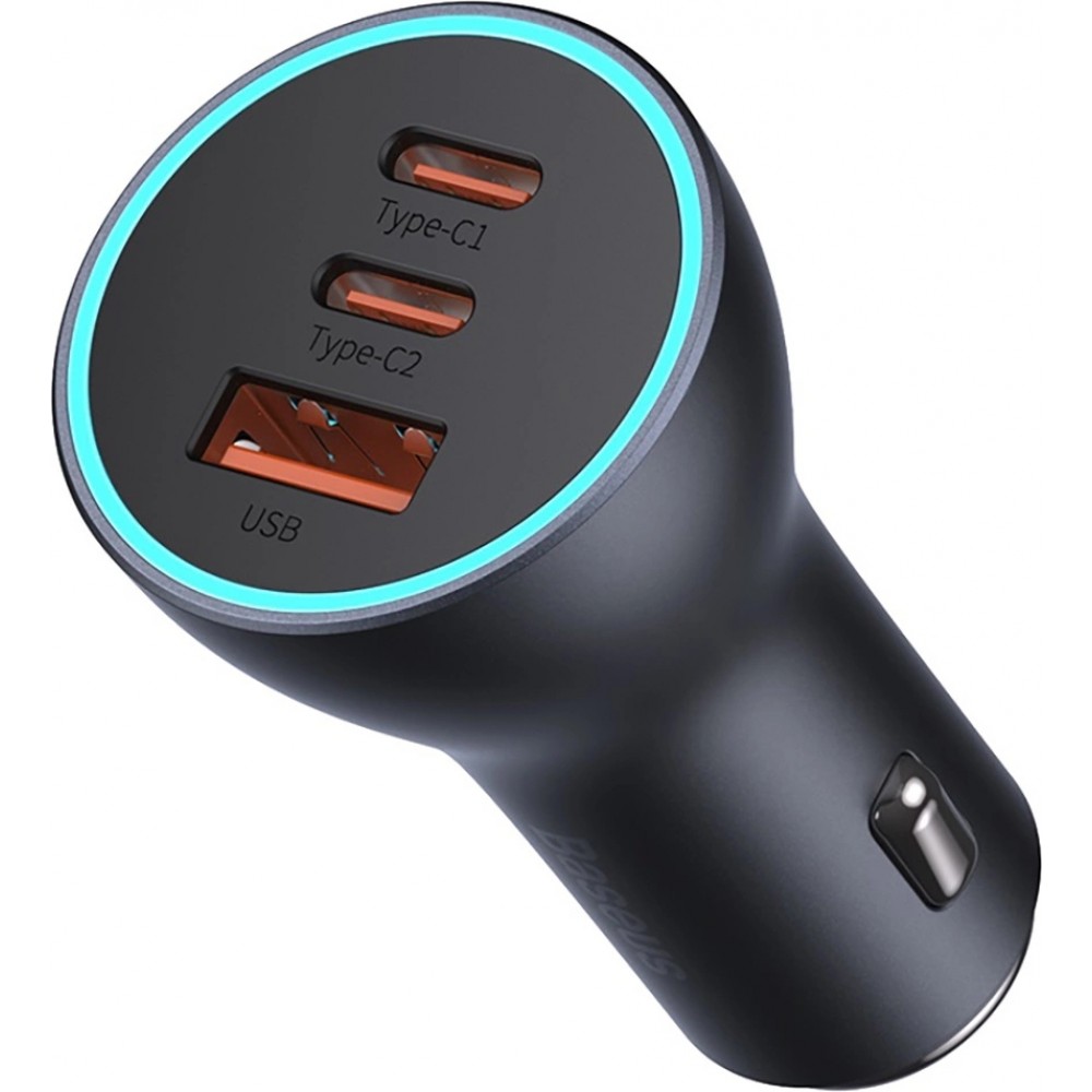 Baseus Goldener Kontaktschalter Pro Auto Ladegerät USB-A + 2x USB-C 65W Schnellladung - Grau