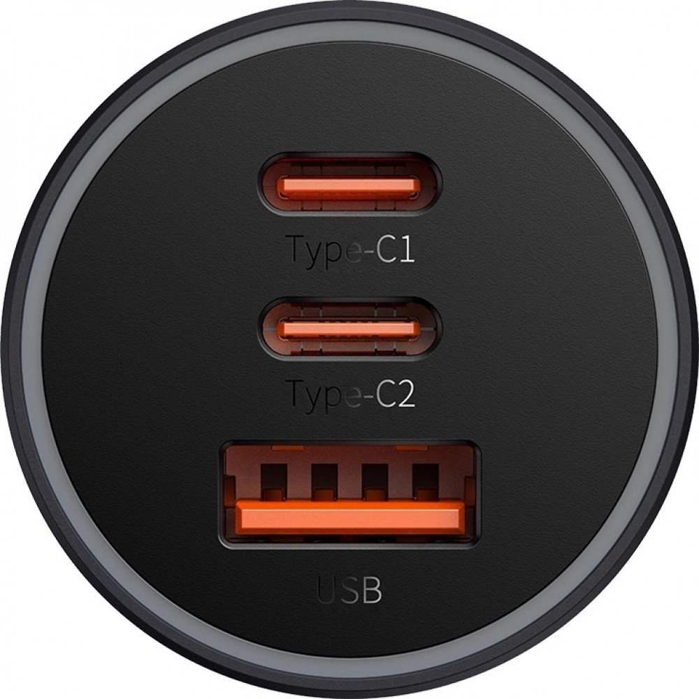 Baseus Goldener Kontaktschalter Pro Auto Ladegerät USB-A + 2x USB-C 65W Schnellladung - Grau